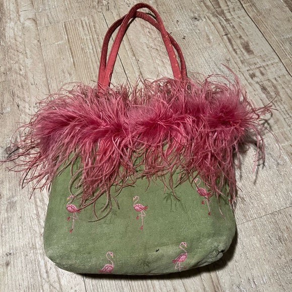 Pink with Martinis/ green with flamingos reversible tote with ostrich feathers - Picture 4 of 6